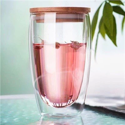 Double miray Glass kafe Tumblers ak Bamboo Lids